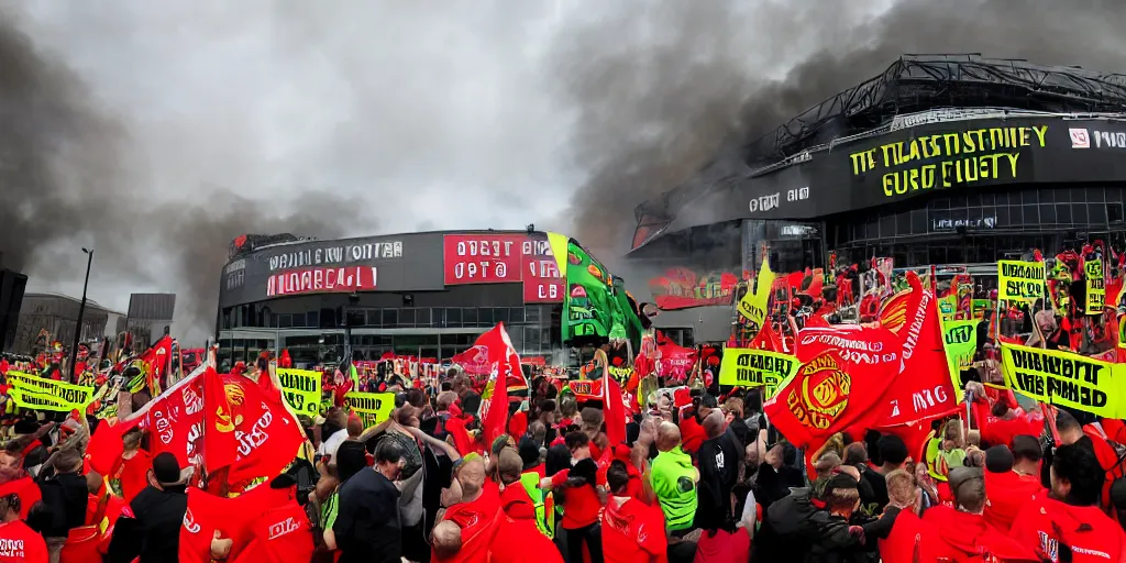 Prompt: # glazersout protests outside old trafford theatre of dreams against the glazers, # glazersout, chaos, protest, banners, placards, burning, pure evil, 8 k, wide angle lens, 1 6 - 3 5 mm, symmetry, cinematic lighting