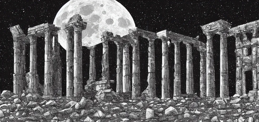 Image similar to The ruins of the Silver Millennium on the moon from Sailor Moon, digital painting, planet Earth in the distance, Greek-esque columns and ruins, black sky