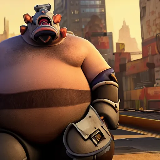 Image similar to Roadhog from overwatch, movie still