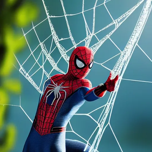 Prompt: spiderman captured in a web, ultra realistic, intricate details, highly detailed, photorealistic, 8 k, vegetation, water, moonlight