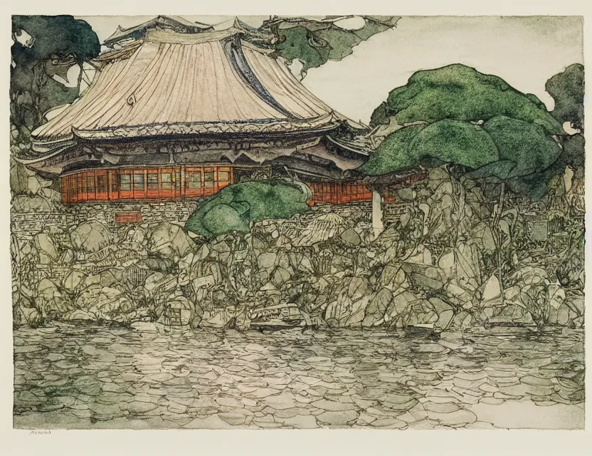 Image similar to a detailed, intricate watercolor and ink illustration with fine lines of the view from the river of a building with a roof like a japanese umbrella by frank lloyd wright, by arthur rackham and edmund dulac and lisbeth zwerger