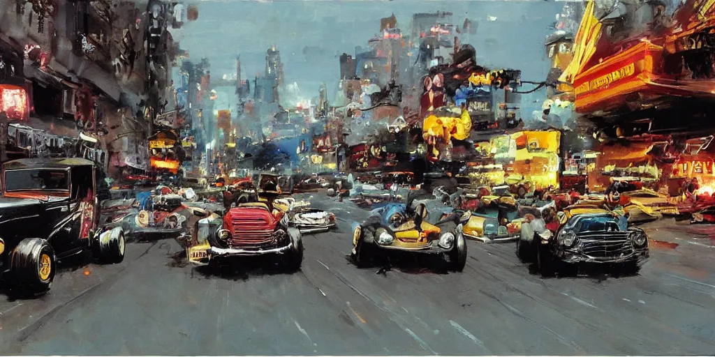 Image similar to hotrods driving down a street , vintage, highly detailed, 4K, by John Berkey