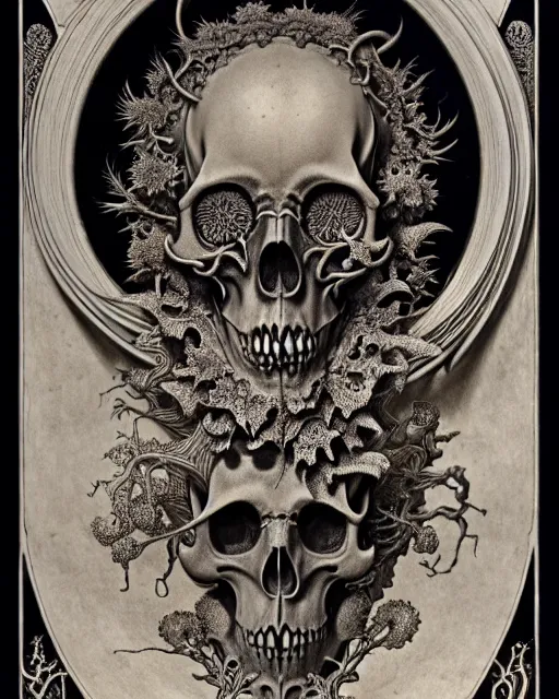 Image similar to art forms of nature by ernst haeckel, memento mori by arthur rackham, ornate antique porcelain beautiful skull mask, ultrasharp, photorealistic, hyperdetailed, octane render, polished, art nouveau, neo - gothic, gothic, intricate ornamental organic filigree, art nouveau botanicals, art forms of nature by ernst haeckel, horizontal symmetry, symbolist, visionary