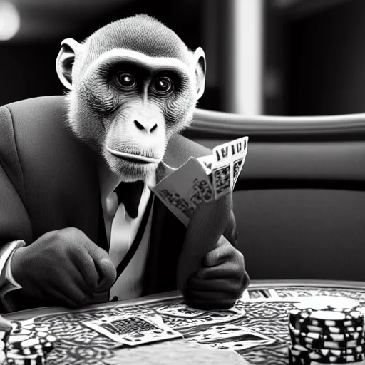 Image similar to monkey in a suit smoking a cigar and playing poker in a casino, 5 0 mm, black and white photo, octane render, realistic