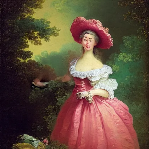 Prompt: “ fragonard oil painting, woman in garden in pink dress and hat, 1 7 0 0 s ”