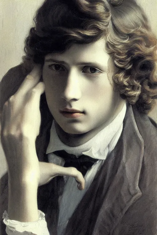 Prompt: museum painting, wide - shot, photo of young yves saint - laurent in the age of 1 7, fair hair, dressed in 1 8 th century, sharp focus, highly detailed, digital art, oil painting, masterpiece, artgerm, rutkowski, mucha, leyendecker, kinkade