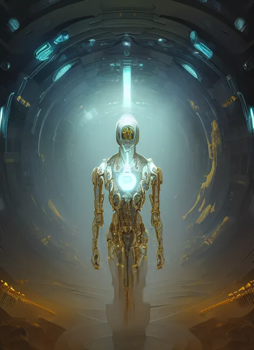 Image similar to benevolent cyborg necromancer, scifi, futurism, alien room background, white, blue, gold, highly detailed, trending on artstation, soft light, sharp edges, illustration, technology, art by vitaly bulgarov and nivanh chanthara