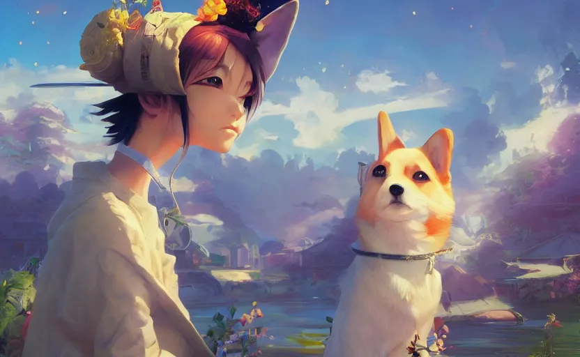 Prompt: beautiful anime painting of sunny hiphop solarpunk royal summertime chill with corgi, by dao le trong, daniela uhlig, craig mullins, craig davison. trending on artstation, 8 k, masterpiece, graffiti paint, fine detail, full of color, intricate detail, golden ratio illustration