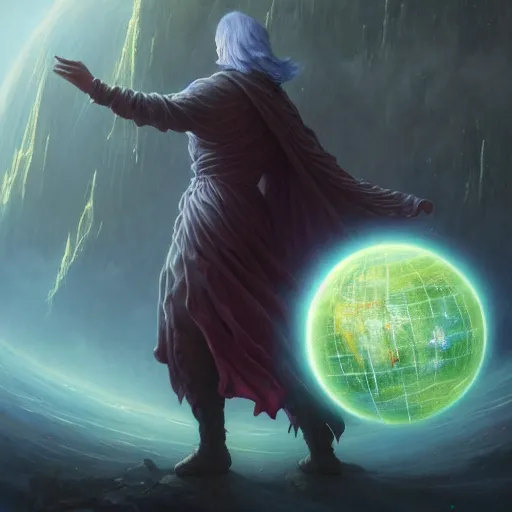 Image similar to the creator of worlds wearing a cloak and holding a holographic planet projection in his hand, detailed, sci - fi, digital painting, artstation, sharp focus, illustration, ominous, artgerm, tomasz alen kopera, peter mohrbacher, donato giancola, joseph christian leyendecker, wlop, frank frazetta