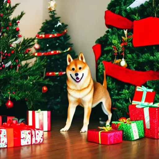 Image similar to an excited shiba inu dog unwrapping a pile of presents and gifts on the ground during christmas, warm themed