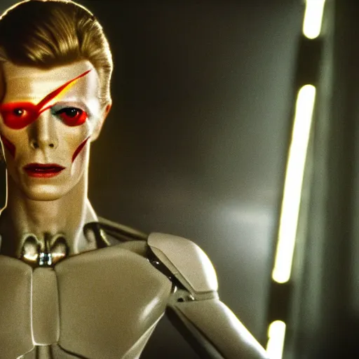 Image similar to movie still of cyborg david bowie, cinematic composition, cinematic light, criterion collection, by edgar wright