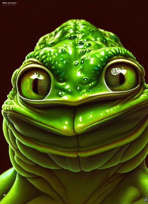 Image similar to pepe the frog as slimy frog, drool, portrait, intricate, elegant, highly detailed, digital painting, artstation, concept art, wallpaper, smooth, sharp focus, illustration, art by h. r. giger and artgerm and greg rutkowski and alphonse mucha