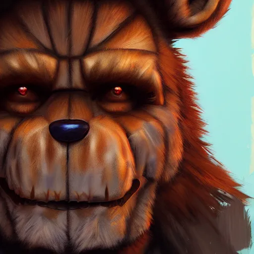 Image similar to commission of freddy fazbear,realistic,hyperdetailed,photorealistic,detailed face,art by greg rutkowski,trevor henderson,ross tran,artstation,deviantart,8k,estern comic style,sharp lineart,professional lighting,professional shading