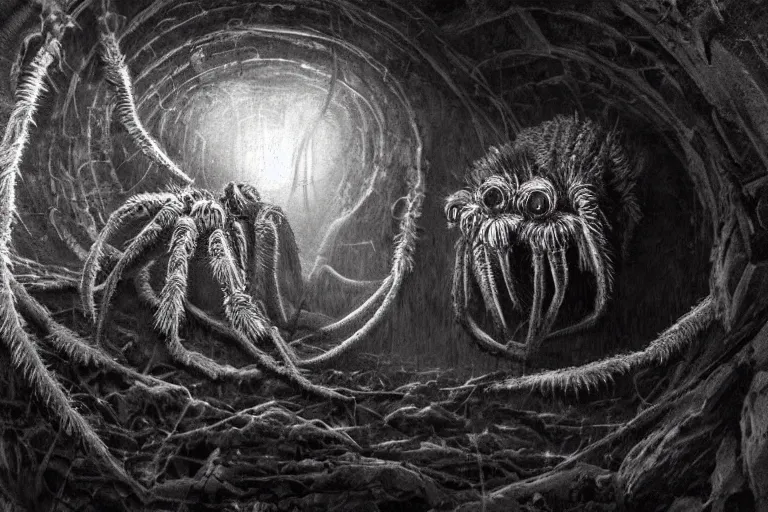 Prompt: a close - up photo of a monstrous tarantula in a dark foreboding tunnel, with cobwebs, in the style of john howe, dramatic lighting, atmospheric, low angle, wide angle, hyper - realistic, highly detailed, trending on artstation