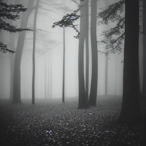 Prompt: deep misty forest with big black fluffy demon behind the tree, monochrome lomography