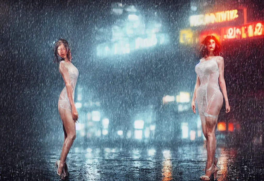 Prompt: hyperdetailed, rule of thirds, cinematic portrait with a 4 0 0 mm lens and bokeh under the dim lights of screens with colorful advertising at a lone realistic sexy model, face with artgram, wearing a sheer, wet, see through white dress, soaked in the rain, high heels, volumetric lighting, blade runner aesthetic