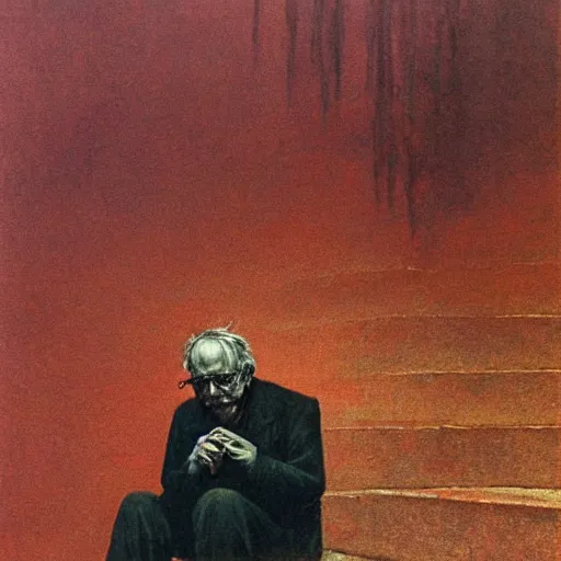 Image similar to a portrait of a calm bernie sanders smoking, sitting on temple stairs, painted by zdzislaw beksinski