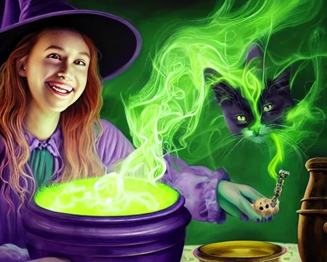 Image similar to close up portrait, happy teen witch and her cat mixing a spell in a cauldron, faint wispy green and purple smoke fills the air, a witch hat, cinematic, green glowing smoke is coming out of the cauldron, ingredients on the table, apothecary shelves in the background, scary stories to tell in the dark book cover, goosebumps