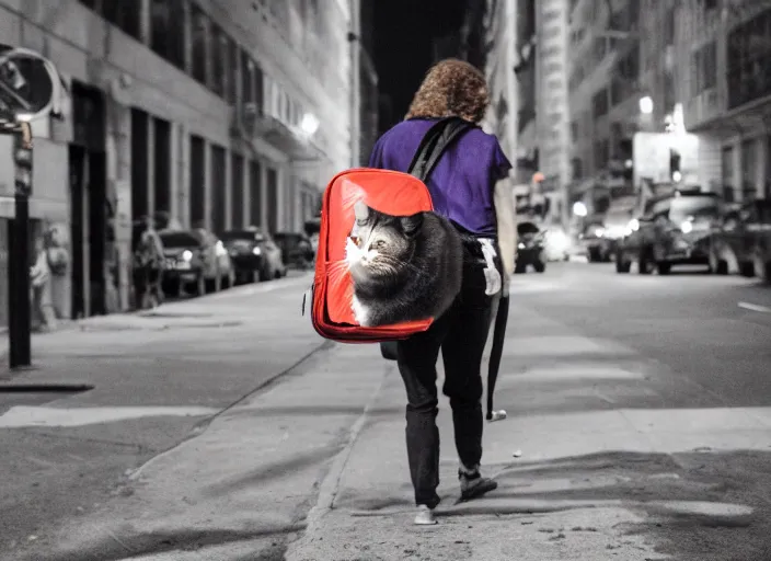 Image similar to photography of a Cat being carried in an half open backpack . in a new york street. award winning photo, led lighting, night, 130mm, sharp, high res