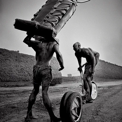 Image similar to a muscular bald man carrying two turbines on his back, portrait photograph, nikon 3 5 mm, photograph by annie leibovitz and steve mccurry