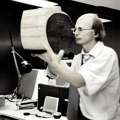 Image similar to bjarne stroustrup smashing a computer with a large mallet, photograph in an office taken in 1 9 9 5