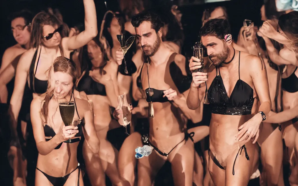 Image similar to photography of marc rebillet wearing a bikini and drinking champagne at his concert, public is annoyed and throws cans on the stage, 4 k,