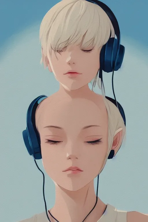 Image similar to a cute young woman listening to music with her eyes closed and wearing headphones in the style of Ilya Kuvshinov and Range Murata, white bob cut hair, darkened room background, blue filter, blue and white, soft lighting, atmospheric, cinematic, moody, digital painting, 8k