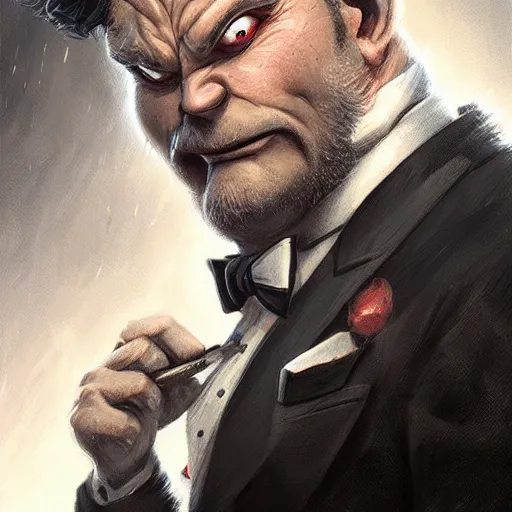 Prompt: portrait of a gentleman half - ogre wearing a tuxedo, cinematic lightning, d & d, fantasy, highly detailed, digital painting, sharp focus, illustration, art by artgerm and greg rutkowski and magali villeneuve