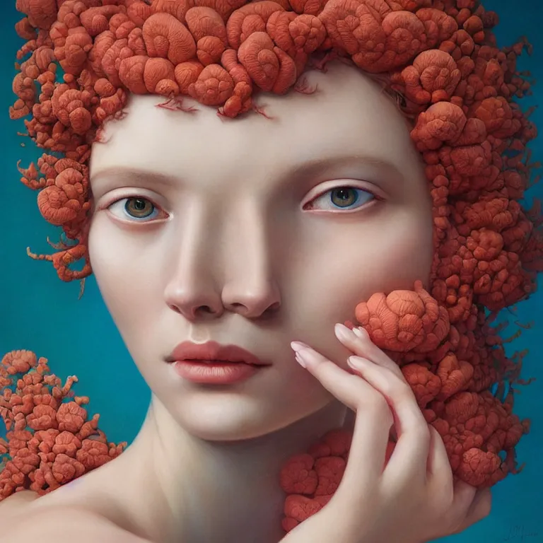 Image similar to portrait of woman with coral!! reef hair. soft light painted by james jean and moebius and erik jones, inspired by mary jane ansell, smooth face feature, intricate oil painting, high detail 3 d render, sharp high detail