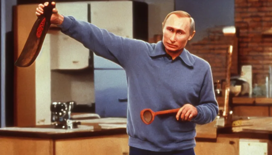 Image similar to 7 0 s movie still of putin in teleshopping show, proudly holding an axe. cinestill 8 0 0 t _ 3 5 mm eastmancolor, heavy grain, high quality, high detail