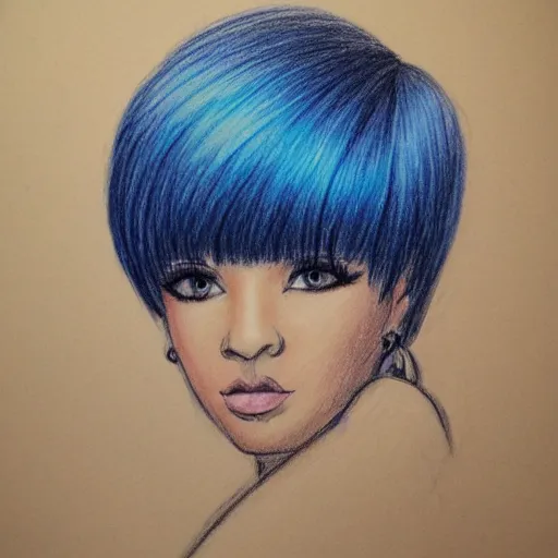 Prompt: drawing of a beautiful woman with short blue hair, big brown eyes