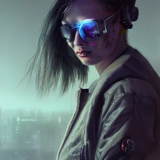 Image similar to extremely detailed portrait of a cyberpunk woman, eye implants, street vendors, citizens, augmented cyborgs, robots, skyscapers, buildings, clouds, sunset, painted by seb mckinnon, high detail, digital art, painted by greg rutkowski, trending on artstation