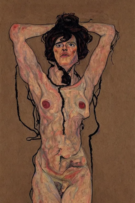 Prompt: a full body character with lifted arms in style of egon schiele, masterpiece, hyperdetailed, complex, intricate, veiled, 4 k, dynamic!! trending on artstation,