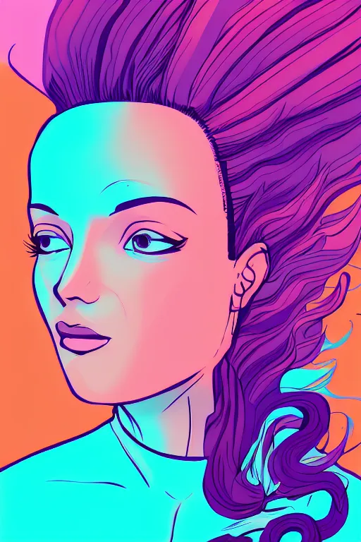 Image similar to a award winning half body portrait of a beautiful woman in a croptop and cargo pants with ombre purple pink teal hairstyle with head in motion and hair flying by wlop, outrun, vaporware, shaded flat illustration, digital art, trending on artstation, highly detailed, fine detail, intricate