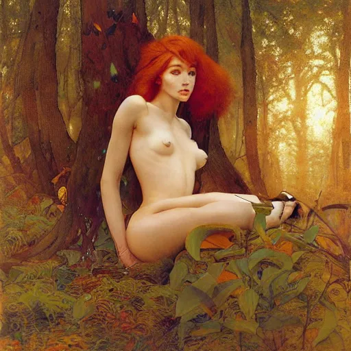 Image similar to beautiful female cyborg with auburn hair and a perfect body, lounging in the Marian forest at dusk, strange insects, by Edgar Maxence and Ross Tran and Michael Whelan and Gustav Klimpt