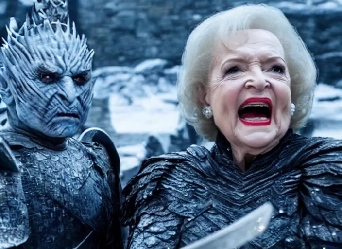 Image similar to a screenshot of betty white fighting the night king with a sword in an episode of game of thrones