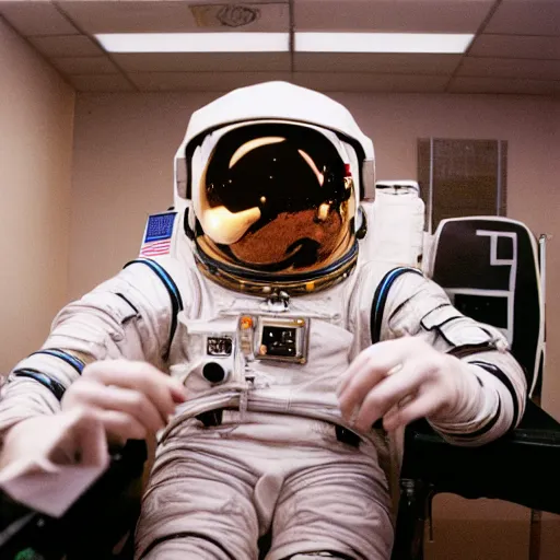 Prompt: an astronaut playing solitaire and winning in an academy, 3 5 mm photograph