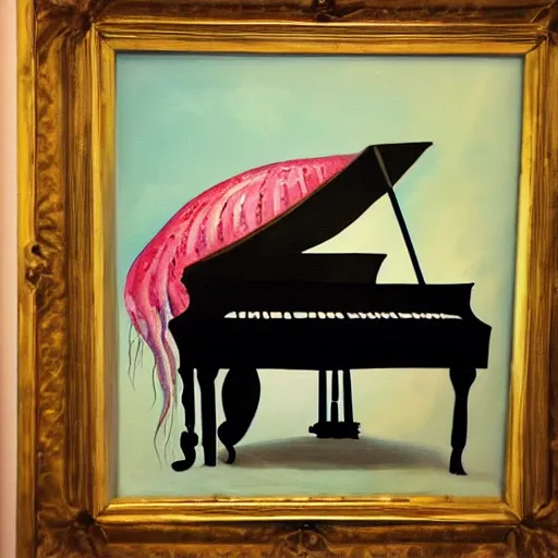 Image similar to a painting of a jellyfish playing the piano on stage in the spotlight