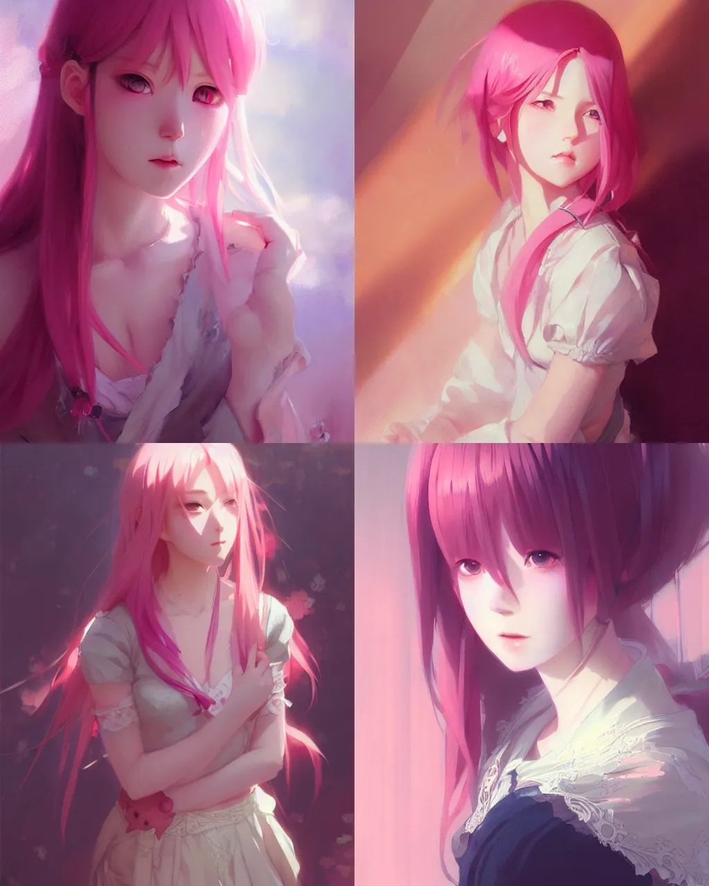 Prompt: girl with pink hair and lace skirt, japanese animation style, portrait, illustration, rim light, top light, perfectly shaded, soft painting, art by krenz cushart and wenjun lin