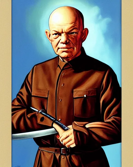 Image similar to a painting of a dwight eisenhower holding a sword, a character portrait by quirizio di giovanni da murano, reddit, antipodeans, ilya kuvshinov, official art, tarot card