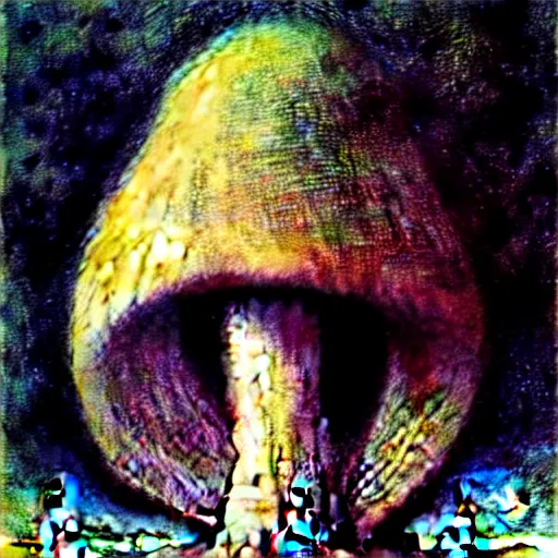 Image similar to strange mushroom by beksinski, luis royo and arthur rackham