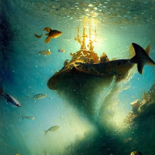 Image similar to point of view of deep in the ocean looking up, you see fishes, higher up you see very clearly the milk way illuminating the sea down bellow, night time. highly detailed painting by gaston bussiere, greg rutkowski 8 k