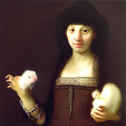 Prompt: “ a dark haired girl holding an albino rat, portrait, oil painting, black background, by rembrandt ”