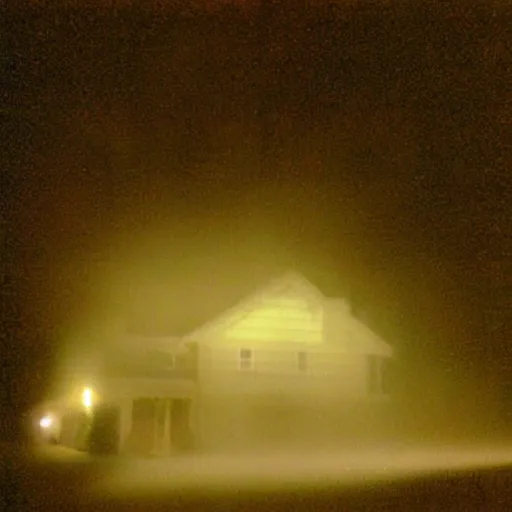 Image similar to a foggy high flash photo of a suburban home from the street at night, 2 0 0 6, taken with a disposable camera