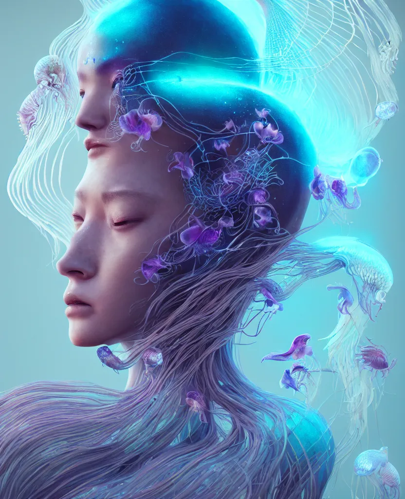 Image similar to goddess close-up portrait. jellyfish phoenix head, nautilus, orchid, skull, betta fish, bioluminiscent creatures, intricate artwork by Tooth Wu and wlop and beeple. octane render, trending on artstation, greg rutkowski very coherent symmetrical artwork. cinematic, hyper realism, high detail, octane render, 8k