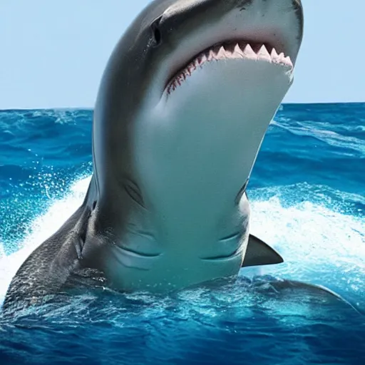 Image similar to photo of Dwayne Johnson yelling and riding a shark in the middle of the ocean, full shot, highly detailed face