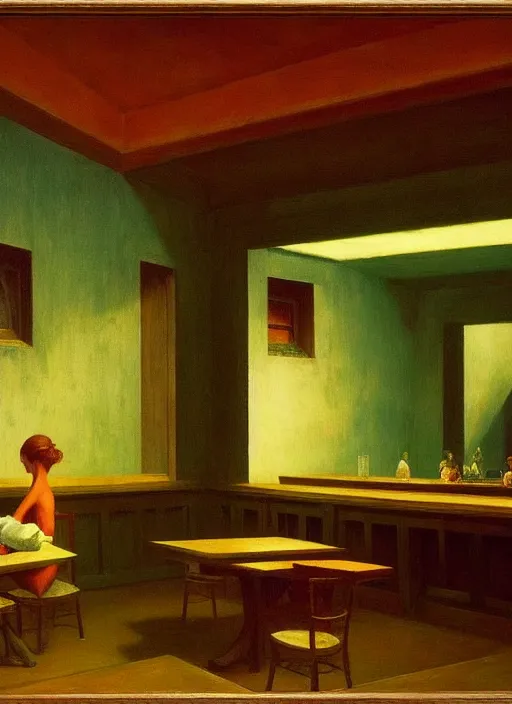 Prompt: Inside a Tavern, Edward Hopper and James Gilleard, Zdzislaw Beksinski, Mark Ryden, Wolfgang Lettl highly detailed, hints of Yayoi Kasuma