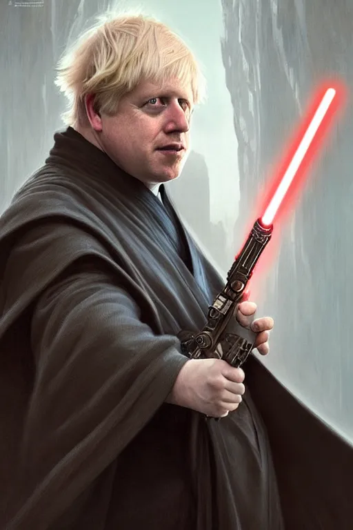 Image similar to Boris Johnson as the best Jedi from Star Wars, realistic portrait, symmetrical, highly detailed, digital painting, artstation, concept art, smooth, sharp focus, illustration, cinematic lighting, art by artgerm and greg rutkowski and alphonse mucha