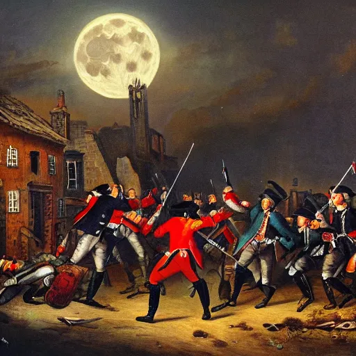 Prompt: painting of 18th century battle between British redcoats fighting werewolves in village streets, midnight, full moon, gothic, oil painting, night, colors,