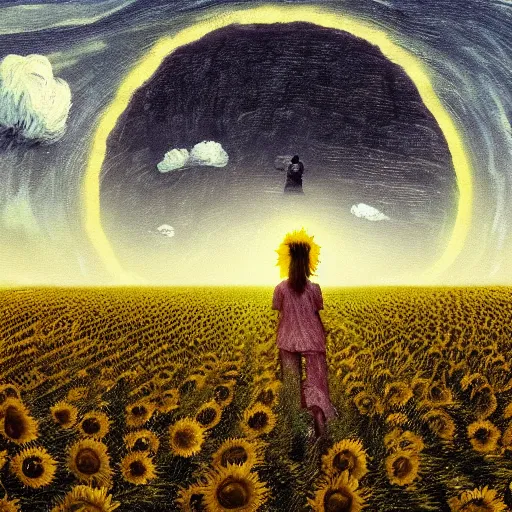 Image similar to huge sunflower face, girl walking in wheat field, hills, surreal photography, dark night, star trails, dramatic light, impressionist painting, clouds, digital painting, artstation, simon stalenhag